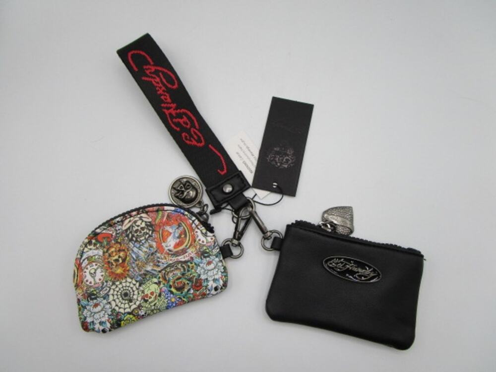 Ed Hardy All Over Print Skulls Key Ring Zip Close Coin Purse‎ Card Holder